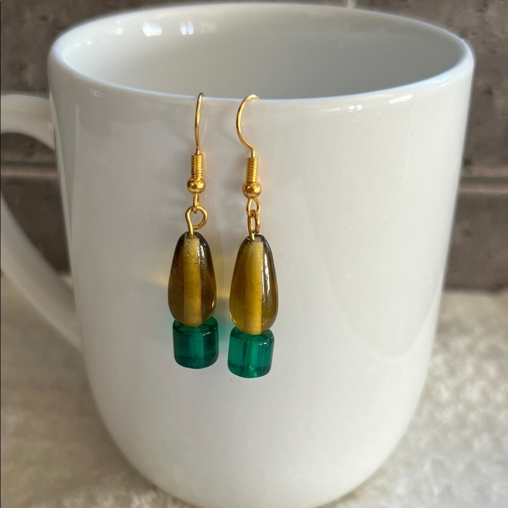 Chic Gold and Green Artisan Glass Beaded Earrings